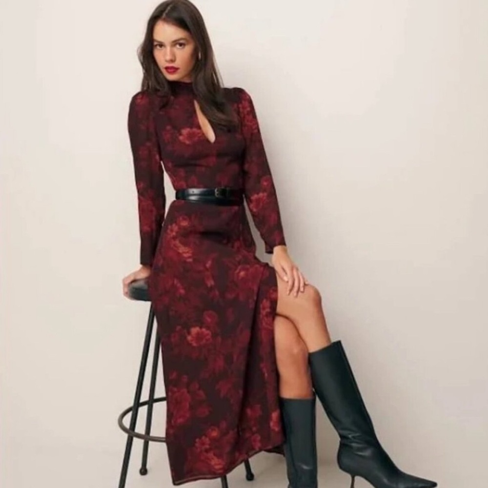 Reformation Red and Black Sheath Dress with Bishop Sleeves